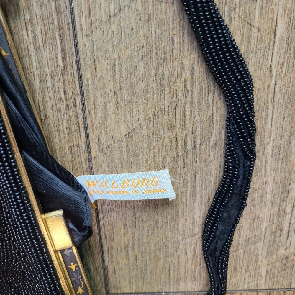 Walborg Vintage Black Bead Evening Bag Hand Made in Japan Gold Tone Frame Purse